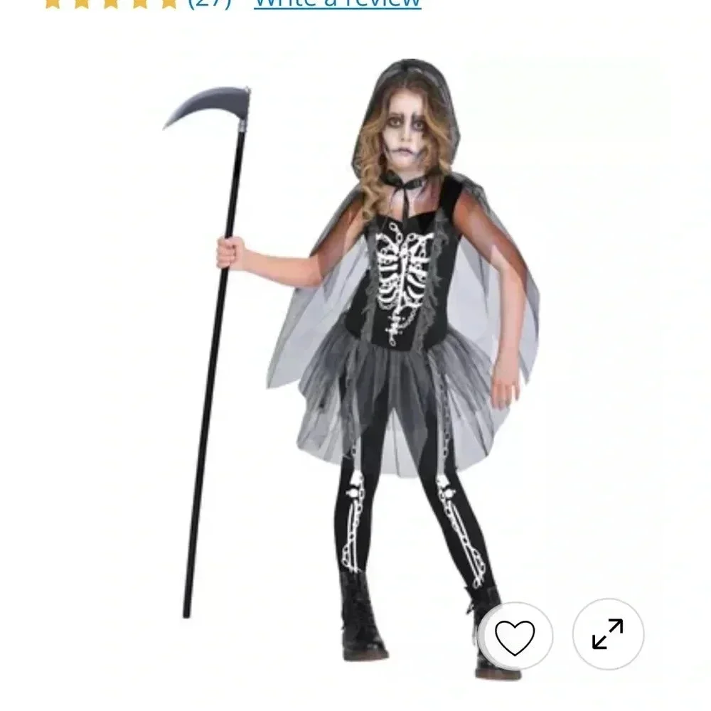 Grim Reaper Costume Size 8-10 Medium black white Dress Leggings Cape girls